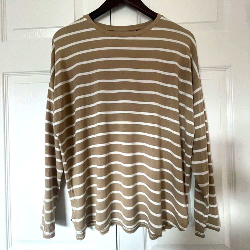 GAP Womens Tan White Striped Drop Shoulder Long Sleeve Crewneck Top Shirt L - Picture 2 of 8